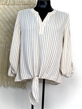 Chico's Size 0 Striped Long Sleeve Front
Tie Blouse Tan, white chifon